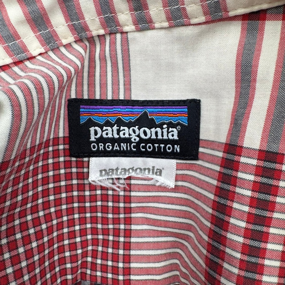 Patagonia Mens Short Sleeve Plaid Button Down Organic Cotton Shirt Red White